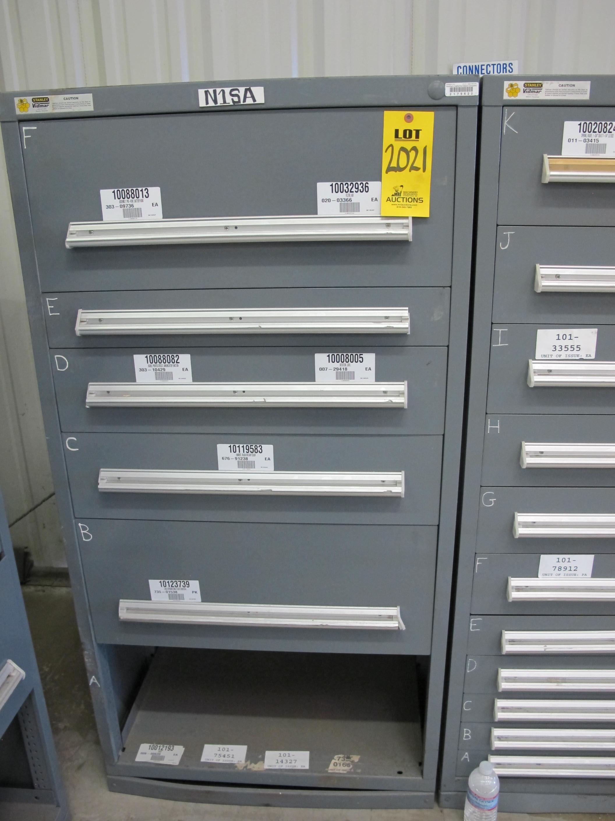 STANLEY VIDMAR HEAVY DUTY 5-DRAWER PARTS CABINET W/ CONTENTS (W-44) LOADING & HANDLING FEE $25-